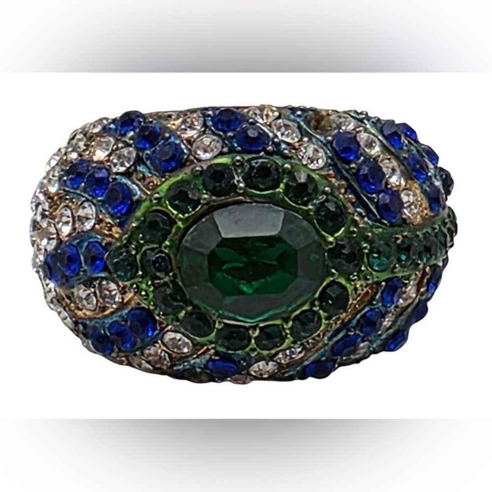 Emerald Green Crystal Statement Blue Clear Rhinestone Halo Vintage Cocktail Ring - Picture 5 of 5
